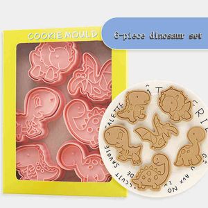 6pcs / set forme de dinosaure emporte-pièces en plastique 3D dessin animé pressable biscuit moule cookie timbre cuisine cuisson pâtisserie ustensiles de cuisson 211110