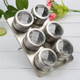 6 unids / set Tarro de lata de especias magnéticas con estante de acero inoxidable Contenedor de almacenamiento de salsa de especias Tarros de tapa transparente Condimento de cocina 220801