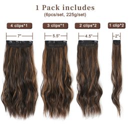 6pcs / ensemble Extensions de cheveux de clip d'onde naturelle pour les femmes 20 pouces synthétiques longues ondulées épaisses ondulées
