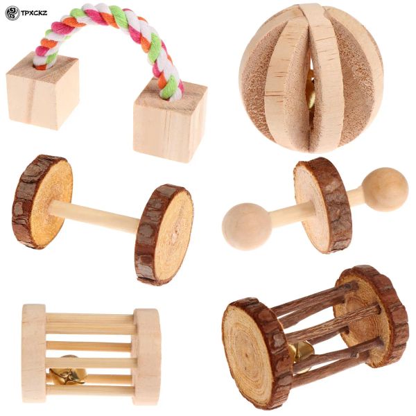 Juego de 6 uds de juguetes para masticar de madera Natural para hámster, accesorios para jaula de Chinchilla, juguetes de conejo, rodillo de ejercicio con mancuernas de madera