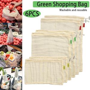 Sacs réutilisables en maille pour produits, ensemble de 6 pièces, sacs à légumes en coton Non plastique lavables avec cordon transparent pour le Shopping FP296W