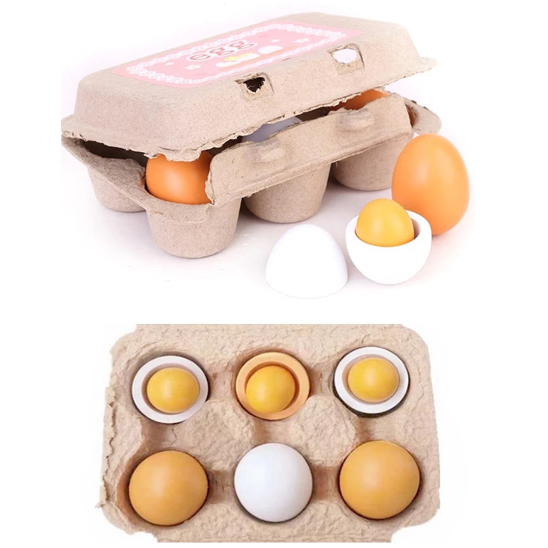 6 pz/set Simulazione Uova di Legno Cucine Giocare Cibo Set Giocattoli Fingere Legno Tuorlo D'uovo Bambini Capretto Educazione Giocattolo Montessori 1274