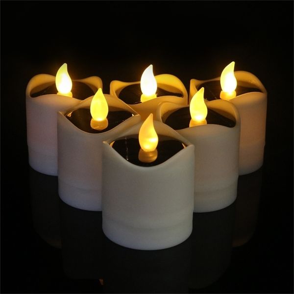 6 piezas/calificaciones de velas solares sin flam sin envejecimiento de luces de té blancas recargables velas con vela impermeable jardín al aire libre T200601