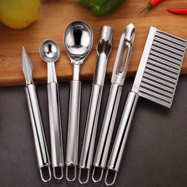 6pcs / ensemble outil de cuisine en acier inoxydable Set fruit couteau à carreau sculpteur couteau pastèque creuse à balle cuillère éplucheur de pomme de terre