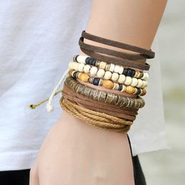 6 piezas/set Pulseras de cuentas de envoltura trenzada vintage para mujeres Múltiples capas Muñecas de cuero Joyas étnicas hechas a mano