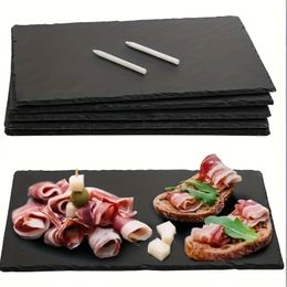 6 pièces, planche à fromage en ardoise avec 2 craies, planches de charcuterie noire, plateau en pierre d'ardoise naturelle, plateau de service gastronomique pour viandes, fruits, fêtes, apéritifs