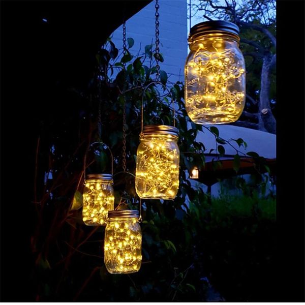 6 UNIDS Solar Mason Jar Luces 20 Led Cuerda Colgante Fairy Solars Linterna Luz para Patio Exterior Jardín Y Césped Decoration246b