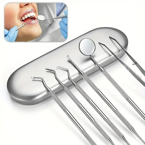 Kit d'hygiène dentaire en acier inoxydable 6 pièces, miroir buccal dentaire, sonde de pince à épiler en acier, instrument de dentiste, nettoyage des dents, blanchiment, outil de soins bucco-dentaires