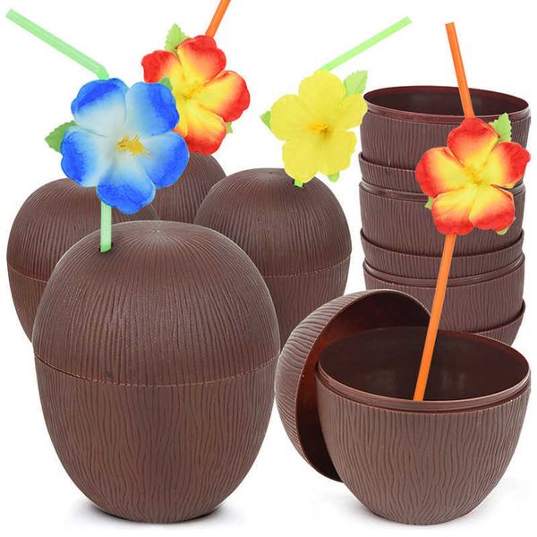 6 Unids Tropical Piña Coco Beber Copa Jugo Tazas con Pajitas Hawaiian Luau Cumpleaños Verano Playa Piscina Fiesta Decoraciones 211015