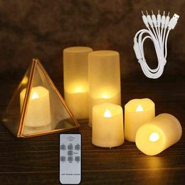 6 pièces bougie LED rechargeable par USB scintillement sans flamme avec minuterie à distance lumière de thé nouvel an bougies de noël décoration pour la maison H177D