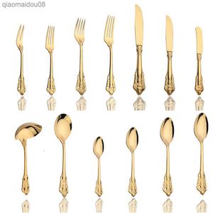 6 stuks Vintage Western Gold Bestek Dineren Dessert Mes Vork Lepel Cuterly Set Gouden Luxe Servies Graveren Servies Set L230704