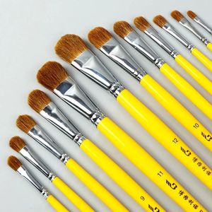 6-delige wezelhaar ronde kop kwastenset even/oneven nummer gouache olieverfschilderij massief hout geel handvat penselen aquarel pennen scholieren kunstbenodigdheden