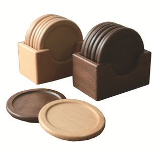 6 stks Houten Kop Mat Set Met Houder Solid Wood Round Placemat Isolatieblok