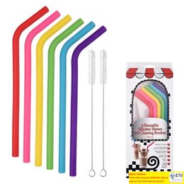 6pcs2brushset 23CM Bonbons Couleurs Silicone Paille Réutilisable Plié Paille Droite Accueil Bar Accessoire Silicone Tube