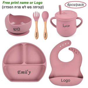 6Pcs4Pcs Ensemble d'alimentation pour bébé Vaisselle en silicone Personnalisé Nom personnalisé Plaque d'aspiration Bols Cuillère Fourchette Bavoir Première étape Auto-alimentation 231225