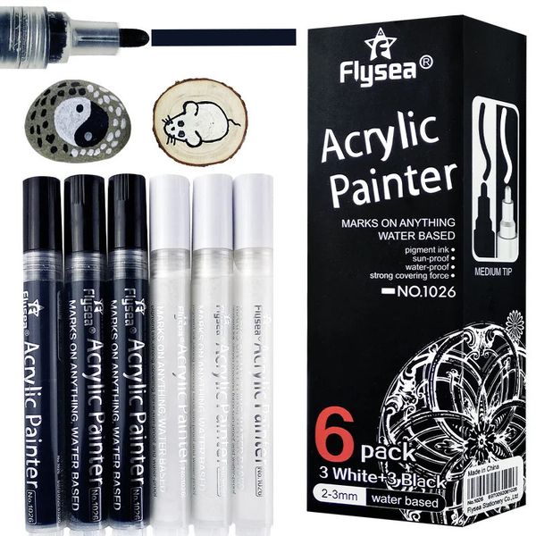 Stylos marqueurs de peinture acrylique noir et blanc, 6 pièces, pour peinture de roche, bois, métal, pierre, céramique, verre, papier Graffiti 240320