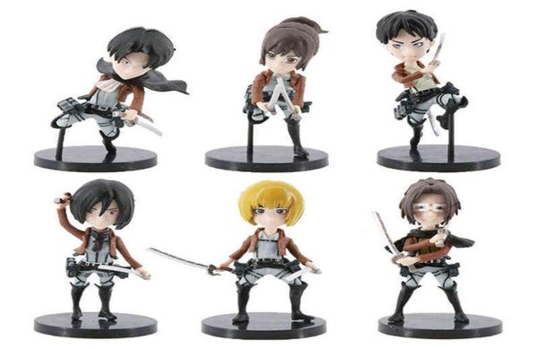 6pcsset Attack on Titan Anime Figura Rivaille Figura de acción Mikasa Figura Eren Jaeger Figurine Modelo Figurine Toy H11248801173