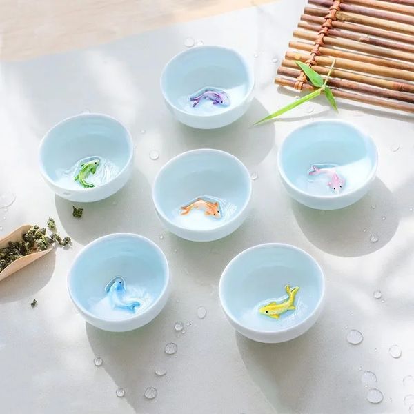 Juego de 6 tazas de té para oficina, tazas de té de pescado 3D de celadón creativas, tazón de viaje con esmalte craquelado, taza de agua de porcelana Kung Fu, 240129