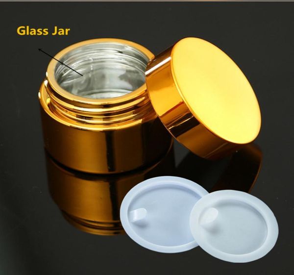 6ps Alta calidad 5g 10g 30g 50g Envase cosmético de vidrio plateado dorado vacío con revestimiento UV Tarro recargable con tapa 2010123780676