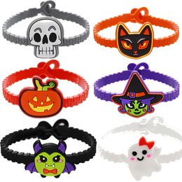 6psc Halloween Decorations Kids Ring Bracelet Polsband Pompoen Cat Skull Witch Ghost Bat Silicone Candy Color Party Props