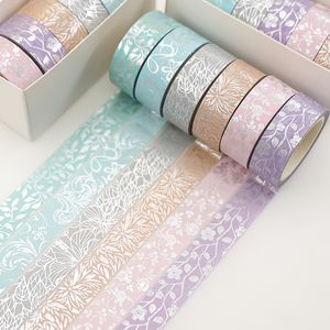 6 rollos/caja de cintas Washi de plantas y flores, cinta adhesiva decorativa de papel de aluminio dorado, pegatina para álbum de recortes, papelería para diario DIY