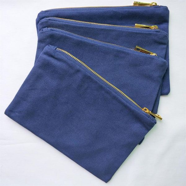 Bolsa de maquillaje de lienzo de algodón azul marino de 6x9in 12 oz de 12 oz de lona de algodón marina con bolsas de lienzo azul marino sólido de oro en stoc210d
