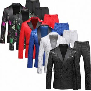 6xl jacquardstof pak tweedelig heren bruiloft Dr-jas met broek rood blauw wit slim fit blazer en broek M-5XL I6U3#