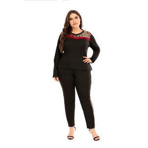 6XL Plus Size Tweedelige Set Dames Leopard Gedrukt T-shirts en Broek Casual Lange Mouwen Trainingspak Vrouwelijke V-hals Tees Tops D30 201119