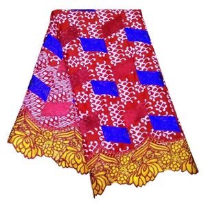 Magnifique tissu africain fuchsia et jaune soluble dans l'eau, 6 mètres/pièce, avec dentelle de coton cirée rouge imprimée pour robe, LBL41-1