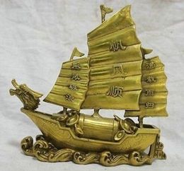 7 '' Chinees Bronzen Standbeeld Dragon Boat Money Lucky Sculpture (Yi Fan Feng Shun) Messing Dragon Ship