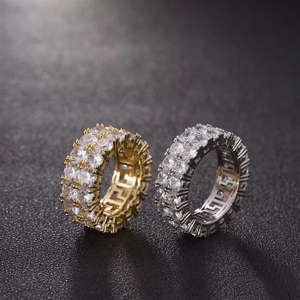 7-12 or amour Micro pavé 2 rangées de Tennis anneaux Zircon Hip Hop Sier plaqué bague pour hommes femmes 276z