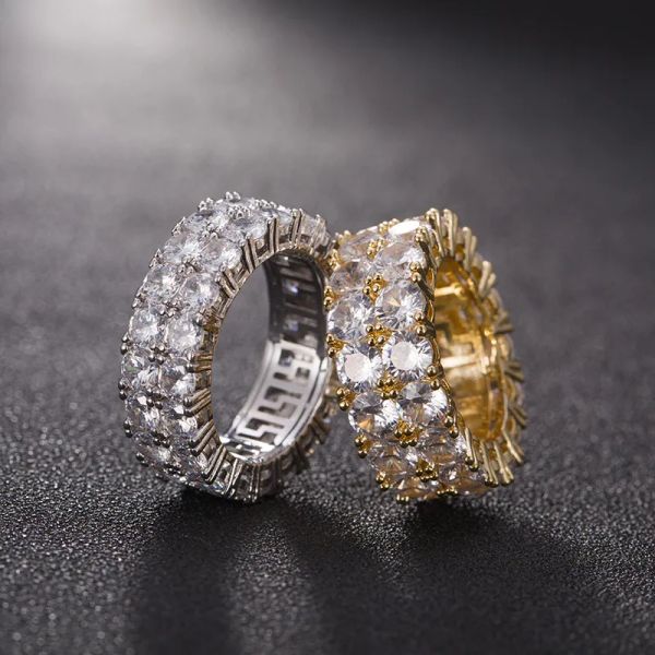 7-12 Anillos de amor de oro Micro pavimentado Anillos de tenis de 2 filas Zircon Hip Hop Plata 18k Anillo de dedo chapado en oro para hombres Mujeres