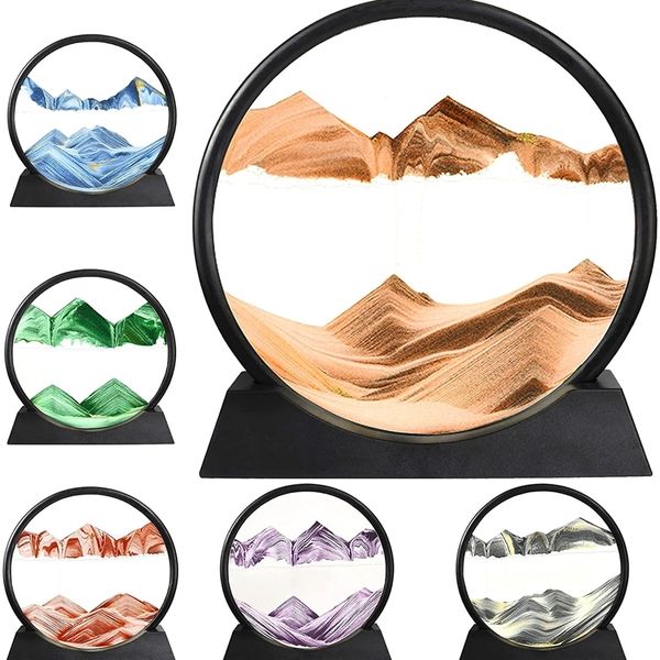 Sablier 3D créatif de 7/12 pouces, image d'art de sable en mouvement, cadre rond, paysages en mouvement, océan, mer profonde pour décor 220426