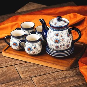 7,2 oz tasse et sauce ensemble de 4 en porcelaine de poterie polonaise en porcelaine 10 pièces 28,2 oz de théière 1wooden tasse de tasses 240428