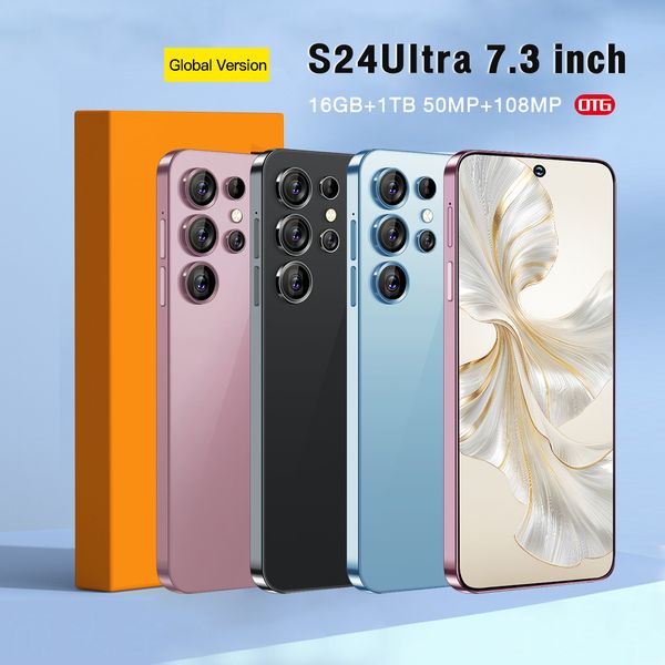 7,3 pouces 5G S24 Ultra Cell Téléphones Déverrouiller l'écran tactile Téléphone mobile Androids S24 Smartphone Téléphone HD Affichage Affichage Reconnaissance du visage 256 Go 1 To