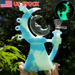 7,4 inch siliconen rokende waterpijp Glow in the Dark Moon theepot bong waterpijp met glazen kom