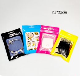 7.5 * 12cm Sacs d'emballage de produit à fermeture éclair brillante avec fenêtre transparente, sac d'emballage d'épicerie Tear Notch Pochettes d'emballage à fond plat 100pcs