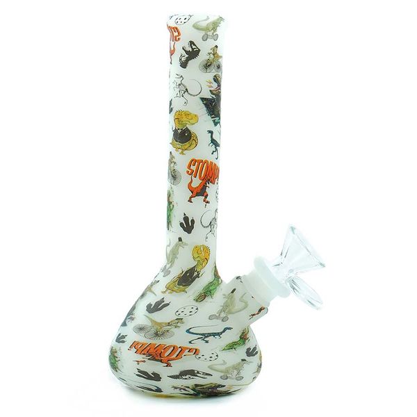 7.5 '' Bécher Bong Silicone Tuyaux D'eau Dinosaure imprimé Lueur dans le verre sombre Dab Huile Rigs bol en verre Narguilé Incassable