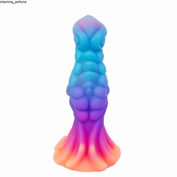 7.6in Monster consolador Fantasía Sexo juguete luminoso Anal consolador de succión Strampa de nudos en potente taza de succión Dragón Dildo