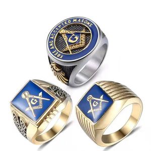 Gold Plated Stainless Steel Masonic Rings for Men - Blue Resin Enamel Hip Hop Freemasons Letter G Souvenir Finger Jewelry