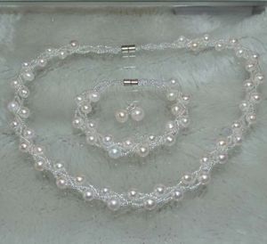 7-8mm 3strands culture eau douce perle ensembles collier bracelet boucle d'oreille stud
