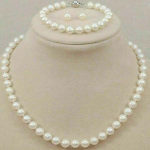 Boucles d'oreilles de bracelet de collier de perle blanche et de nage de perle blanche naturelle de 7-8 mm Ensemble 18 ''