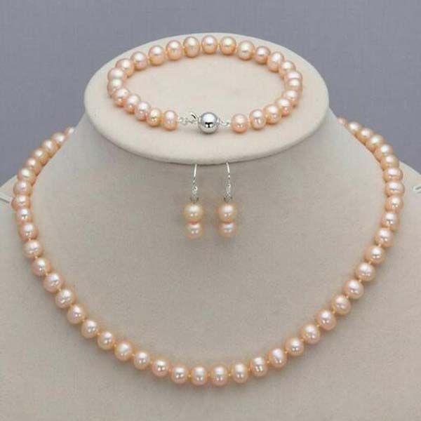 Conjunto de joyería de collar de perlas de agua dulce de agua dulce de 7-8 mm