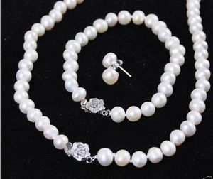 7-8mm Blanc Perle de Culture d'Eau Douce Bracelet Collier Boucles d'Oreilles Ensemble