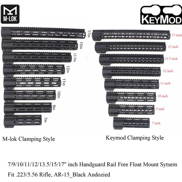 7/9/10/11/12/13.5/15/17 '' pouces Keymod/M-lok Style de serrage Rail de garde-main Picatinny Mount System_Black Anodized