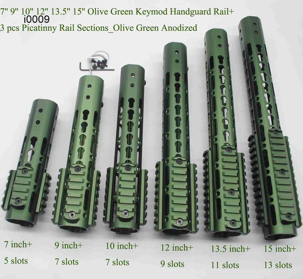 7/9/10/12/13.5 / 15 pouces KeyMod Hand Guard Rail avec 3 x Picatinny / Weaver Rail Sections_olive Green Anodisé + Néxeur en acier