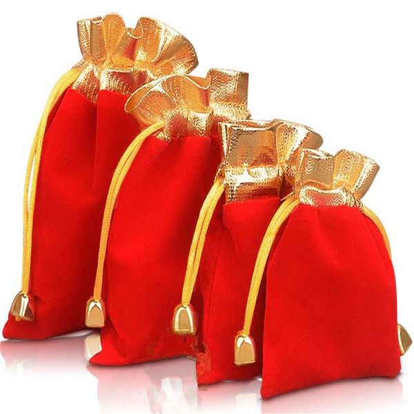 7 9 cm 9 12 cm 4 tamaño Bolsas con cordón con cuentas de terciopelo 100 unids / lote Embalaje de joyería Bolsas de regalo de boda de Navidad Negro Rojo Epacket Fr327L