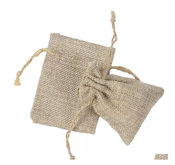 7*9cm Double couche haute qualité lin naturel cordon sacs bijoux pochette cadeau Hesse mariage faveur sacs Jute