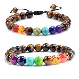 Bracelet en pierre d'oeil de tigre de lave naturelle, 7 perles de chakra pour femmes et hommes, Bracelets de thérapie d'équilibre de guérison, bijoux de prière réglables