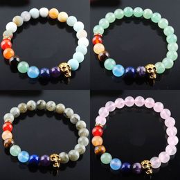 Bracelet en pierre naturelle pour hommes, 7 brins de perles Chakra, Labradoirte, tête de crâne, élastique, bijoux de Yoga, 10 pièces, BK26